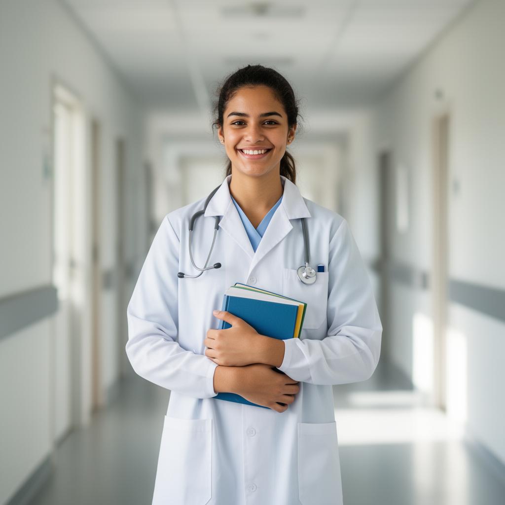 Estudante de Medicina sorridente segurando livros em um hospital